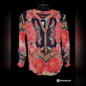 Fashion Nova Floral Sheer Blouse in Pink and Navy